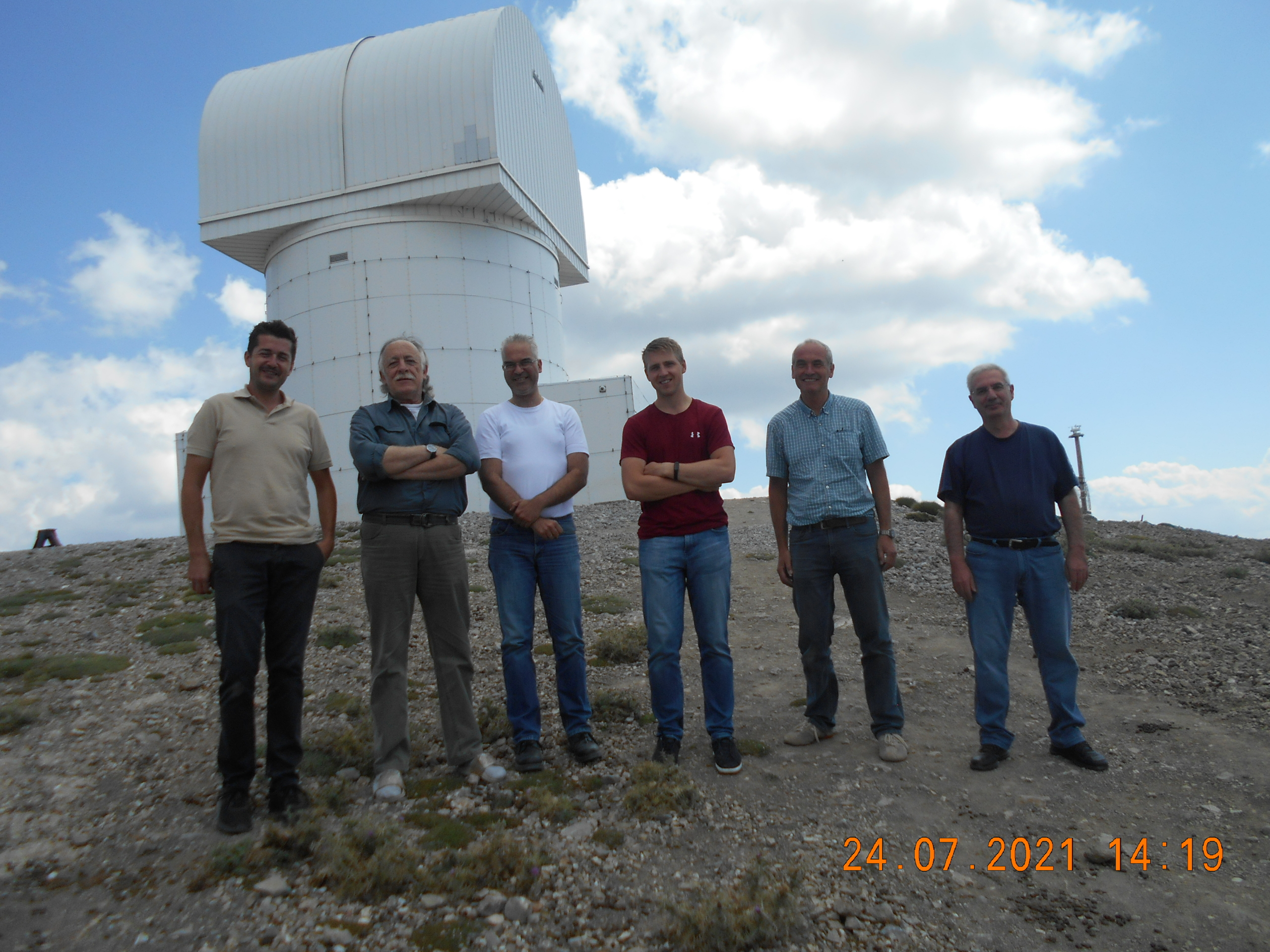 The entire ScyLight working group (from right to left): Alexis Gourzelas (NOA technician), Panagiotis Hantzios (NOA Researcher), Ioannis Alikakos (NOA Astronomer), Donatas Miklusis and Zoran Sodnik (ESA engineers) and Manolis Xilouris (NOA Researcher).